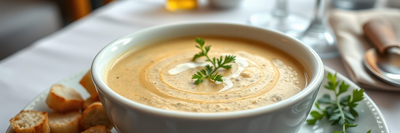 Creamy soup served with crunchy bread on a dining table in a cozy restaurant setting